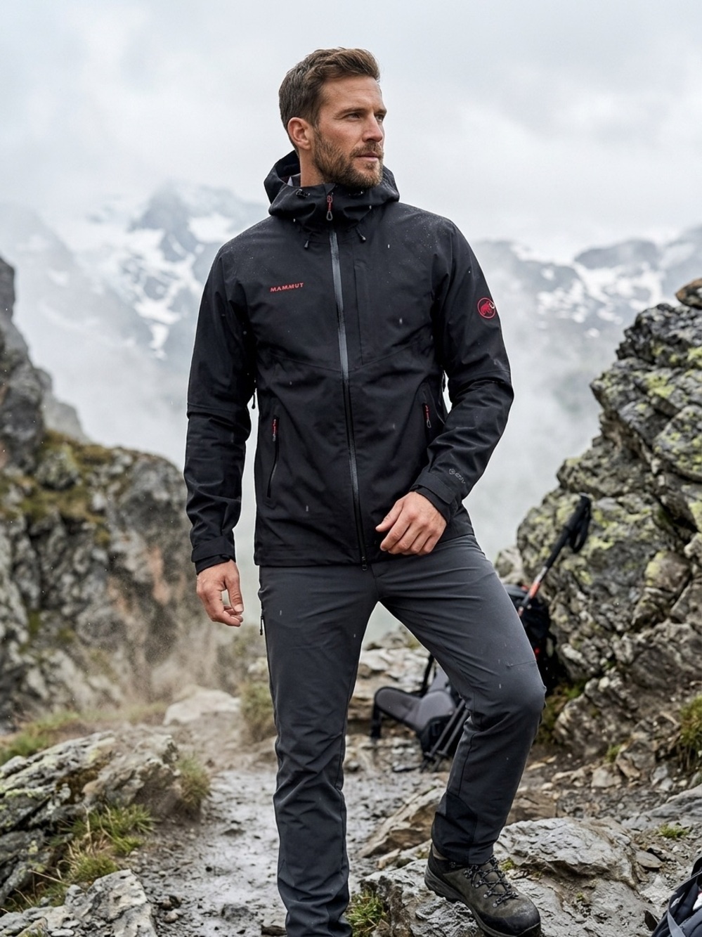 Mammut Black Waterproof Hooded Shell with Red Logo Accents